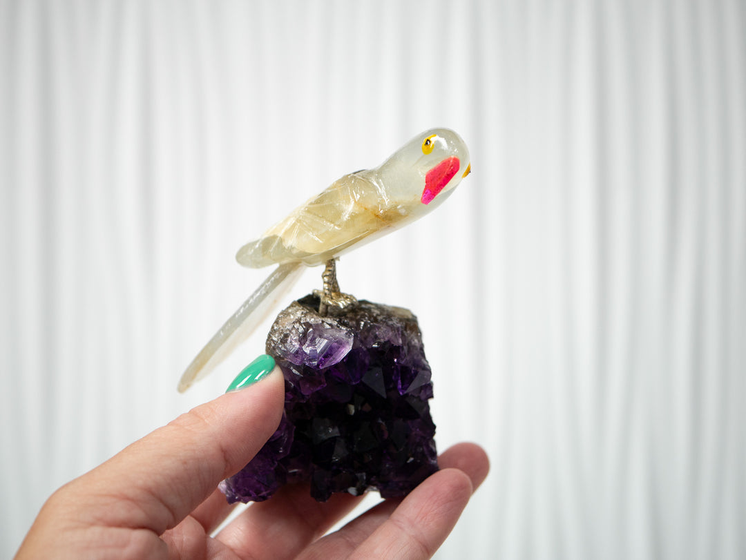 Hand-Carved Yellow Calcite and Agate Bird on Amethyst Cluster