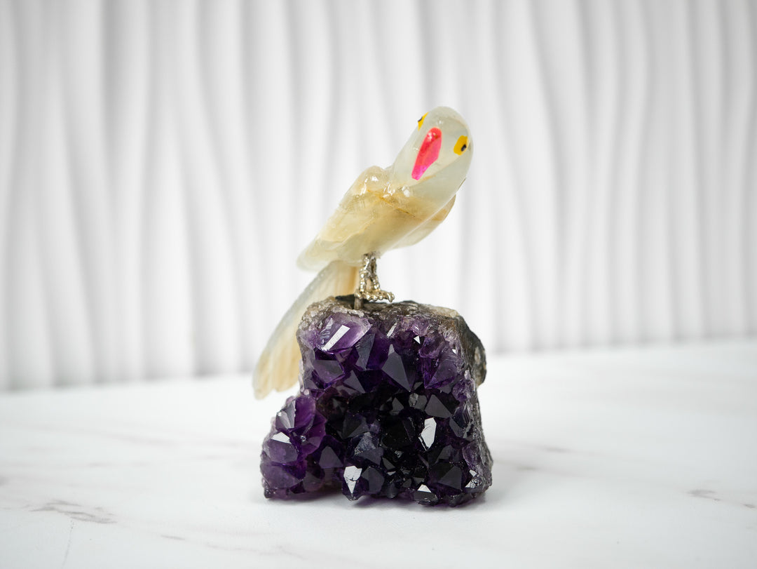 Hand-Carved Yellow Calcite and Agate Bird on Amethyst Cluster