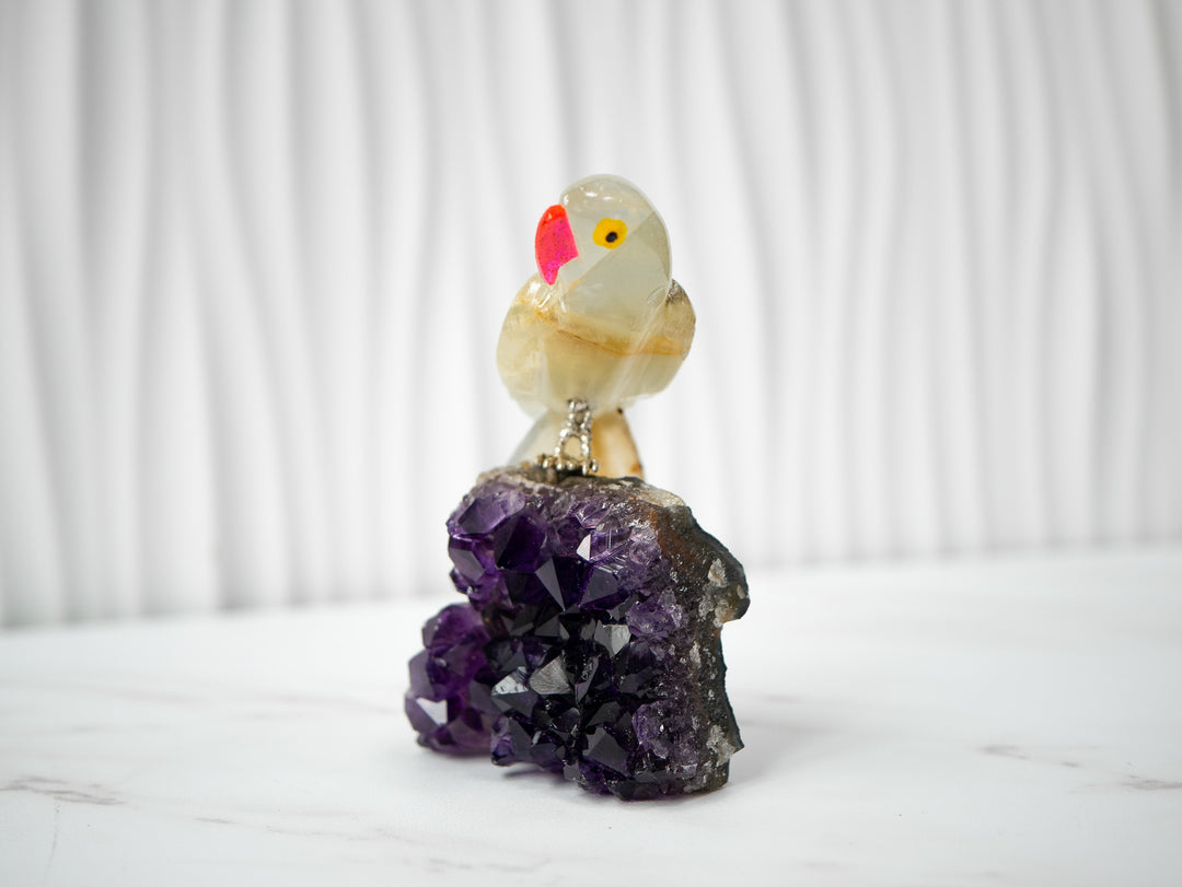 Hand-Carved Yellow Calcite and Agate Bird on Amethyst Cluster