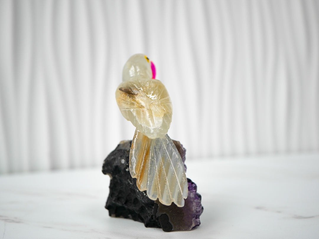 Hand-Carved Yellow Calcite and Agate Bird on Amethyst Cluster