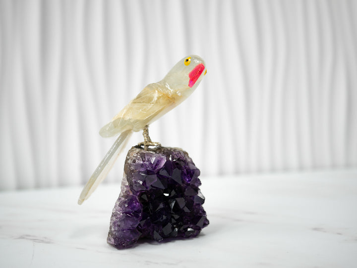 Hand-Carved Yellow Calcite and Agate Bird on Amethyst Cluster