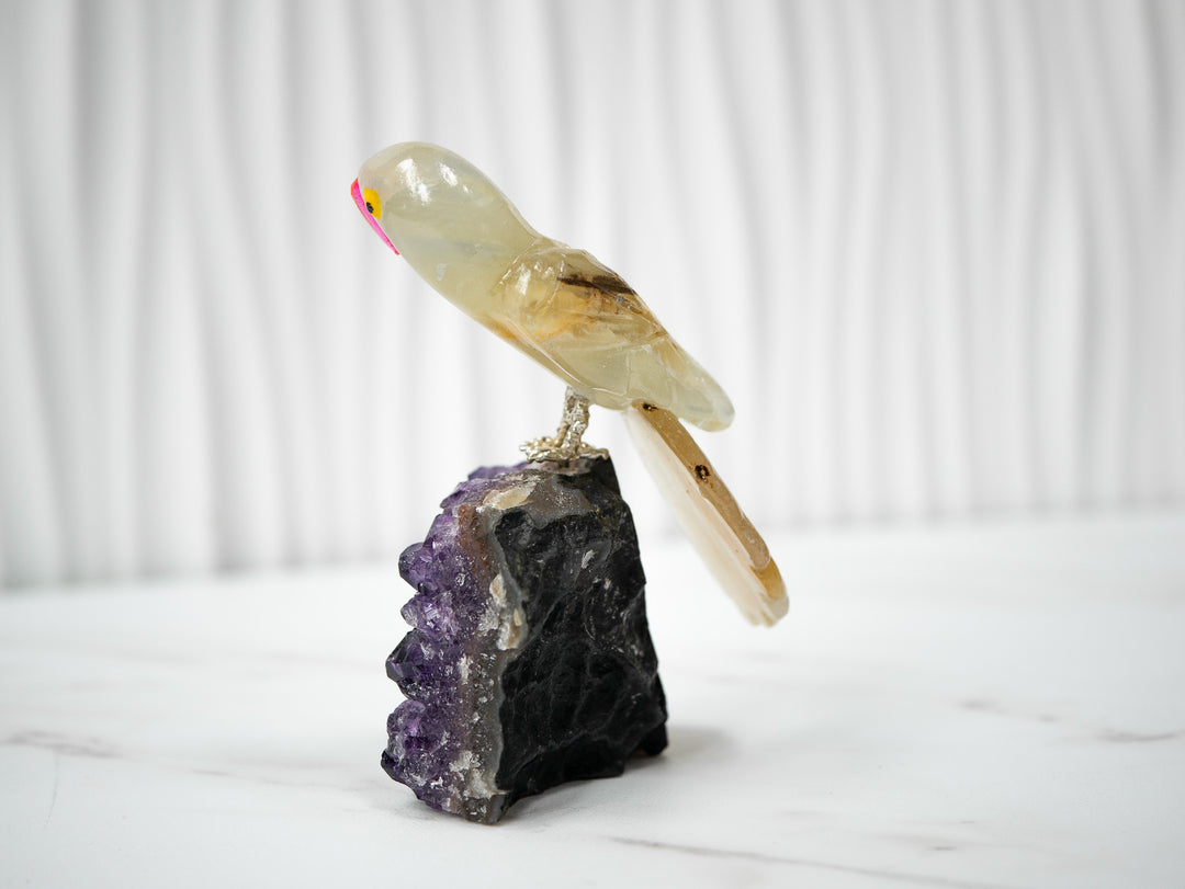 Hand-Carved Yellow Calcite and Agate Bird on Amethyst Cluster